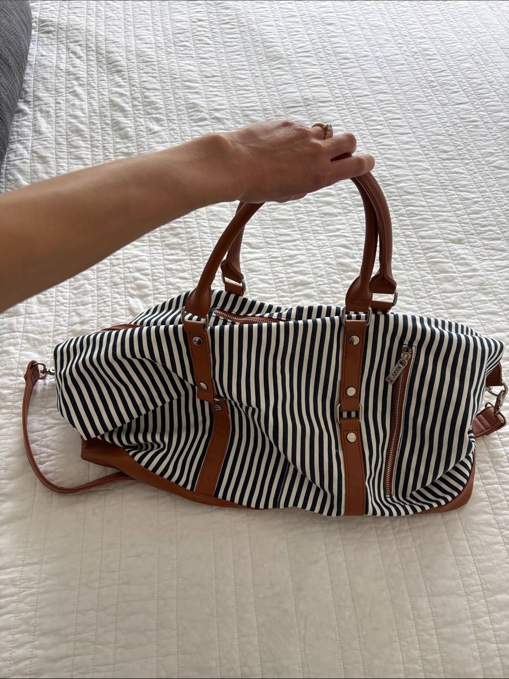 Striped Canvas Weekender Bag with Tan Trim